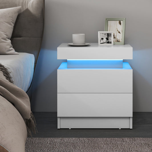 Faux Marble Modern Nightstand with 2 Drawers and LED Light-White