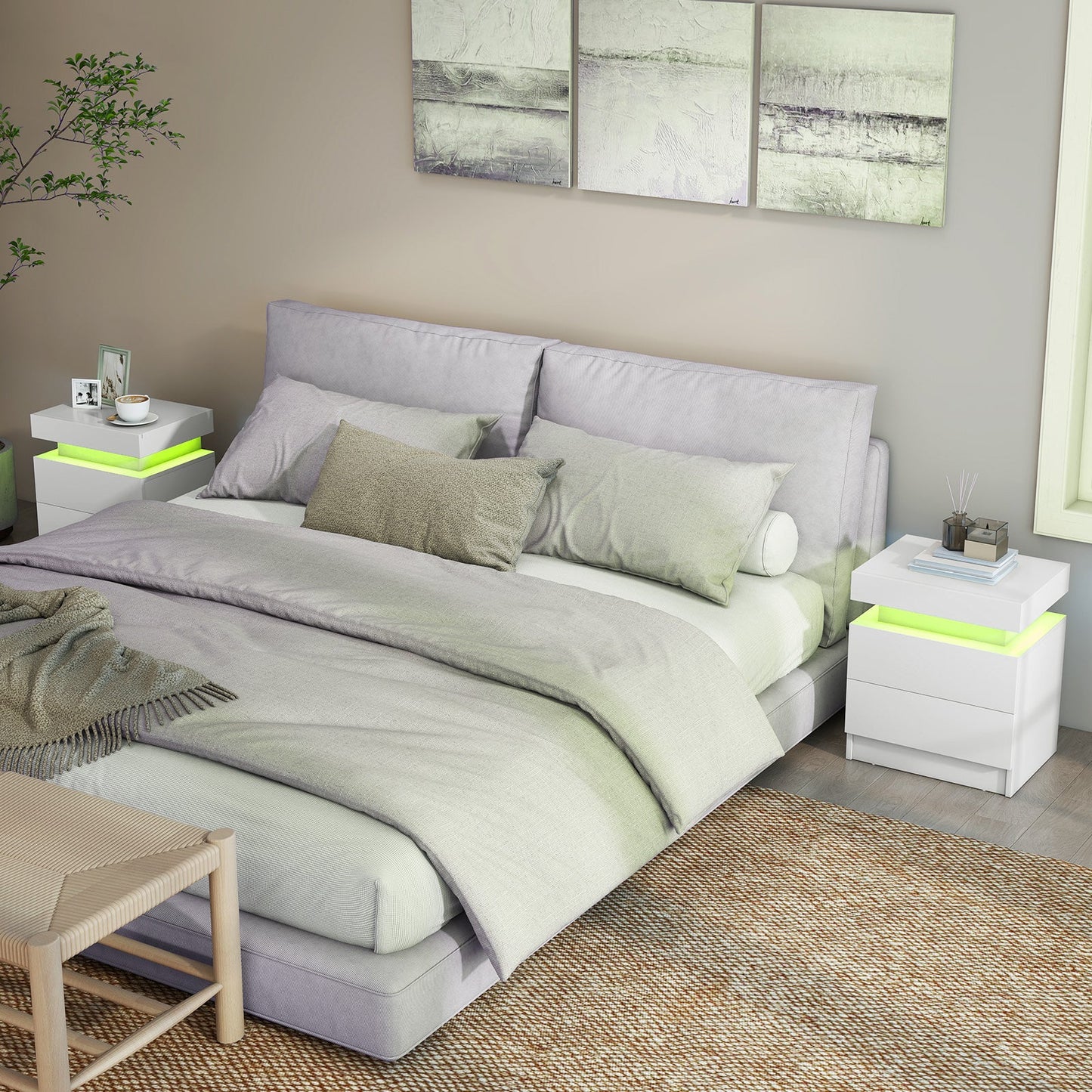 Faux Marble Modern Nightstand with 2 Drawers and LED Light-White