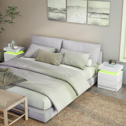 Faux Marble Modern Nightstand with 2 Drawers and LED Light-White