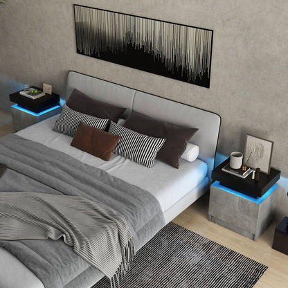 Modern Nightstand Faux Marble End Table with 2 Drawers and LED Light-Grey