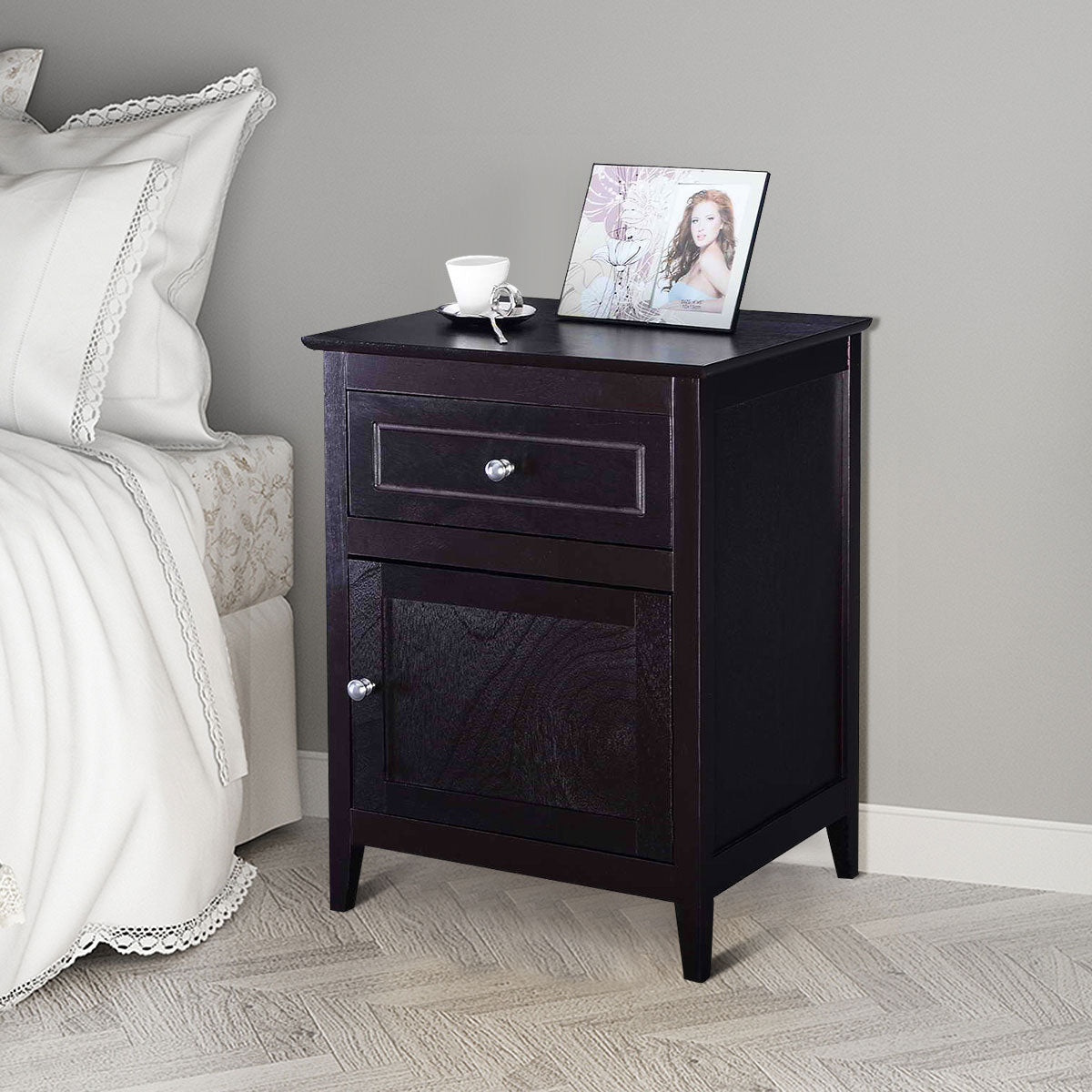 2-Tier Modern Badroom Nightstand with Drawer-Espresso
