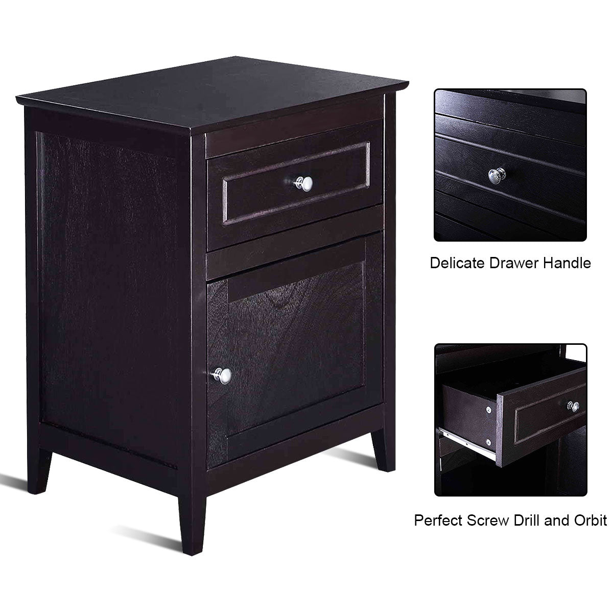 2-Tier Modern Badroom Nightstand with Drawer-Espresso