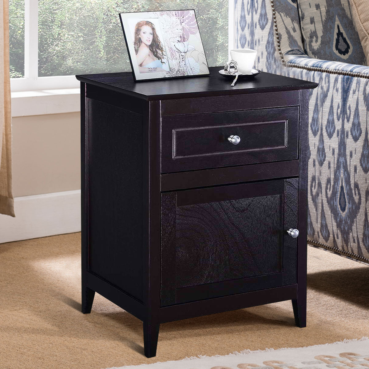 2-Tier Modern Badroom Nightstand with Drawer-Espresso
