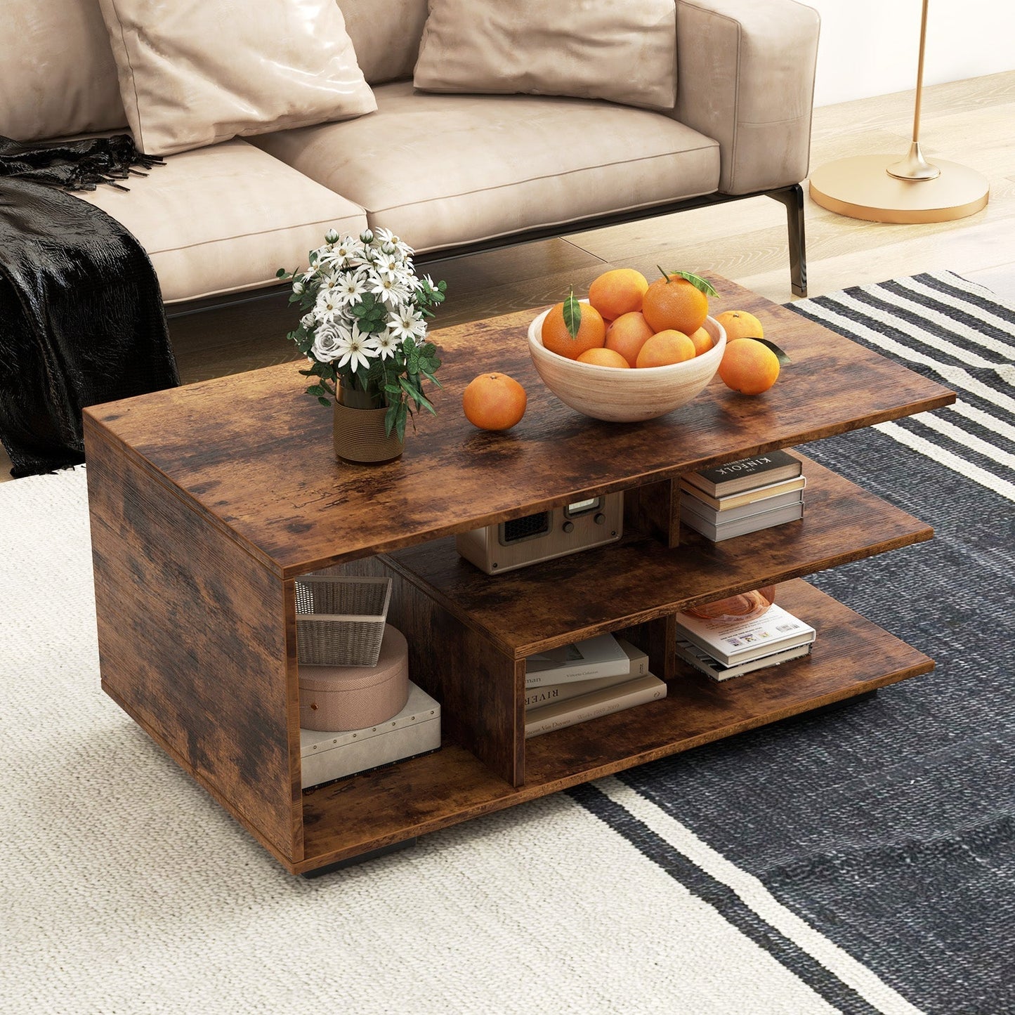 Coffee Table 3-Tier Rectangular Center with L-Shaped Middle Shelf-Rustic Brown