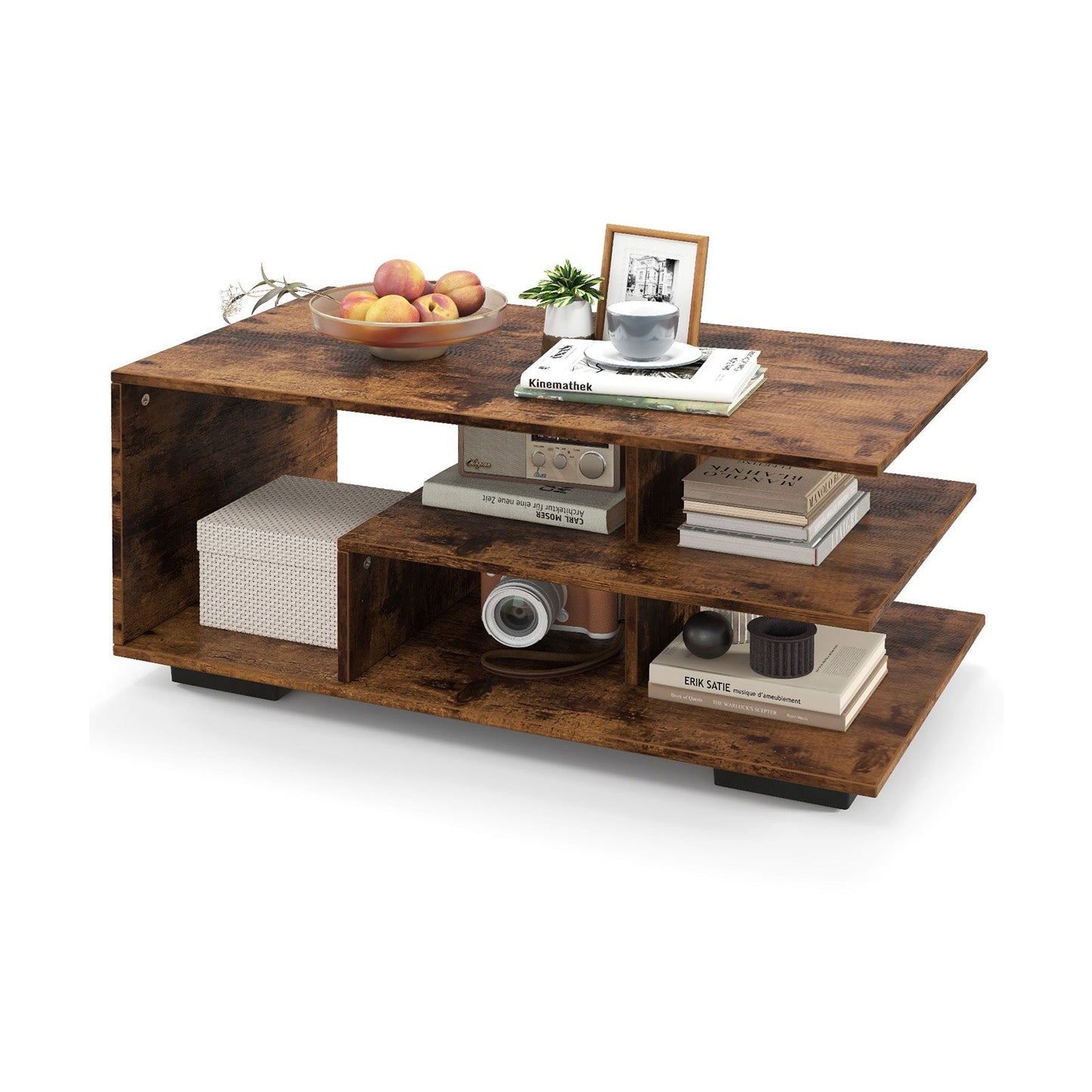 Coffee Table 3-Tier Rectangular Center with L-Shaped Middle Shelf-Rustic Brown