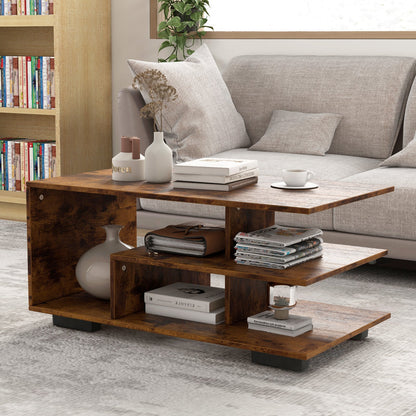 Coffee Table 3-Tier Rectangular Center with L-Shaped Middle Shelf-Rustic Brown