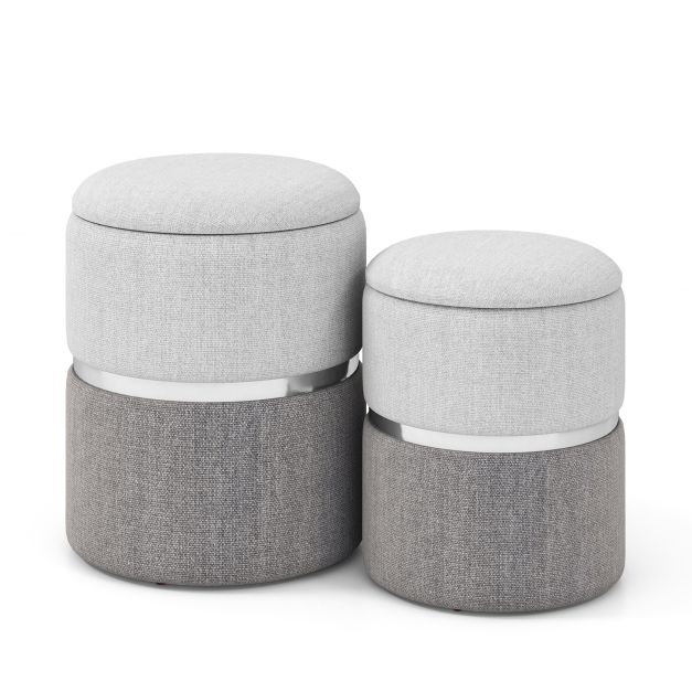 Modern Round Linen Fabric Storage Ottoman Set of 2-Grey