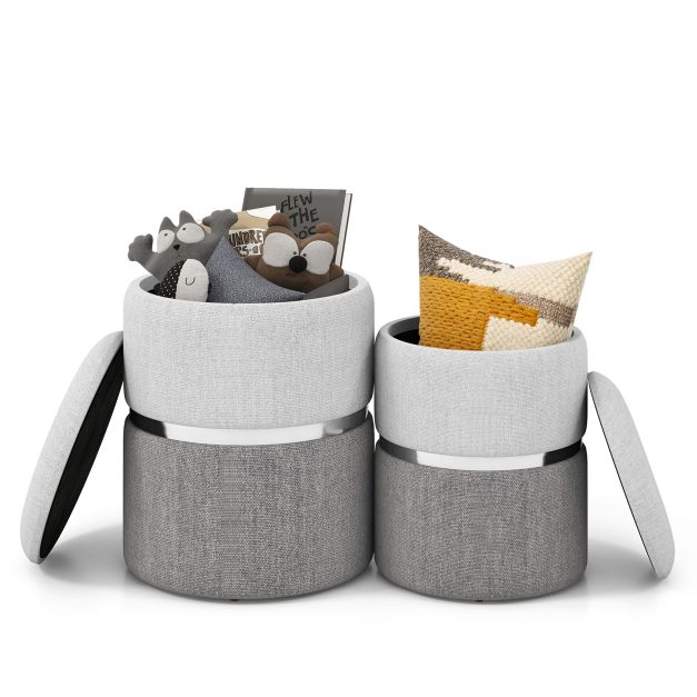 Modern Round Linen Fabric Storage Ottoman Set of 2-Grey