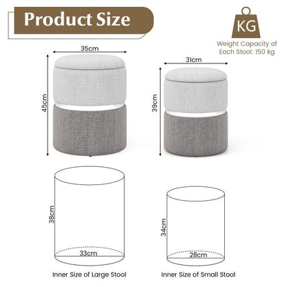 Modern Round Linen Fabric Storage Ottoman Set of 2-Grey