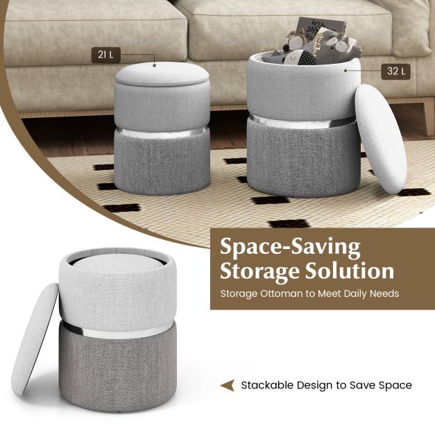 Modern Round Linen Fabric Storage Ottoman Set of 2-Grey