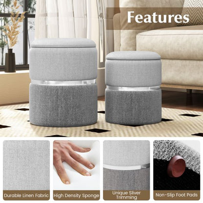 Modern Round Linen Fabric Storage Ottoman Set of 2-Grey