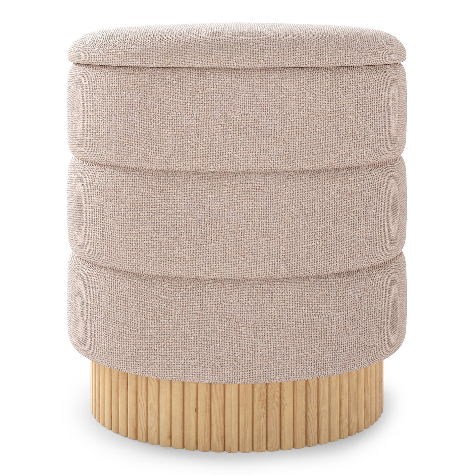 Modern Round Storage Ottoman with Removable Lid and Solid Wood Base-Beige