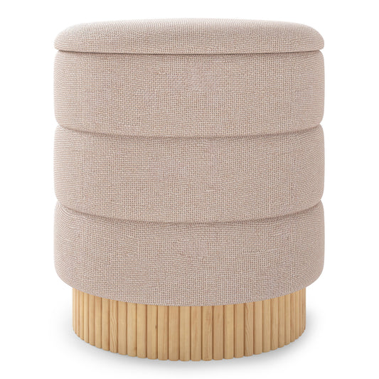 Modern Round Storage Ottoman with Removable Lid and Solid Wood Base-Beige