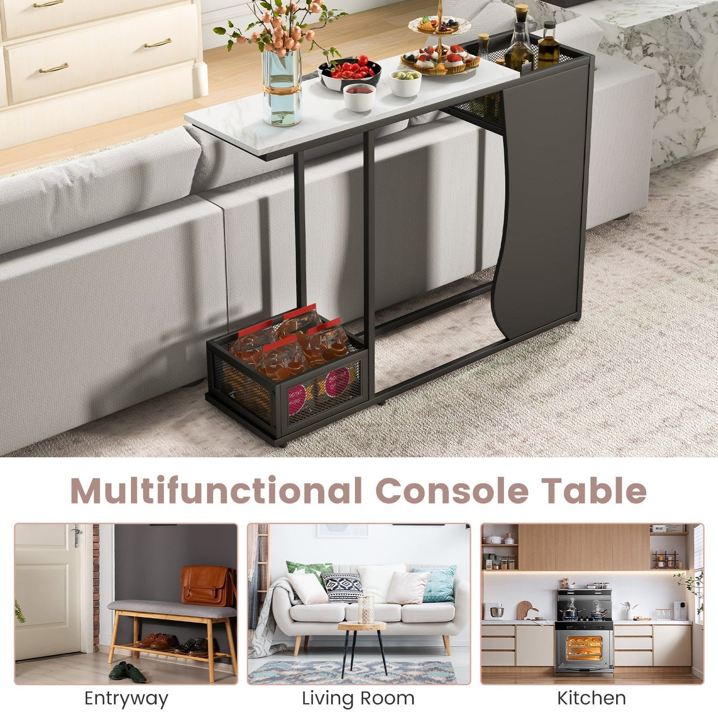 Modern Sofa Accent Console Table with 2 Storage Mesh Cubes-Black &amp; White