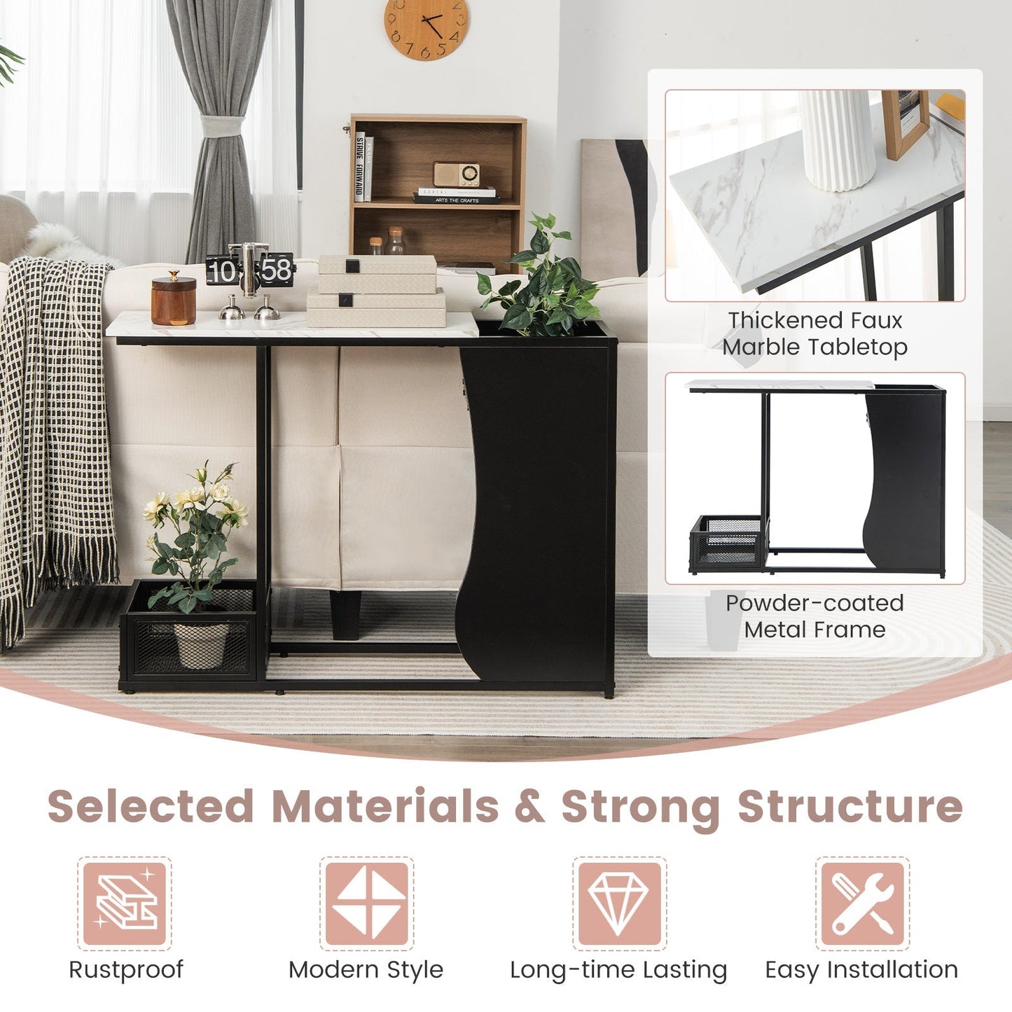 Modern Sofa Accent Console Table with 2 Storage Mesh Cubes-Black &amp; White