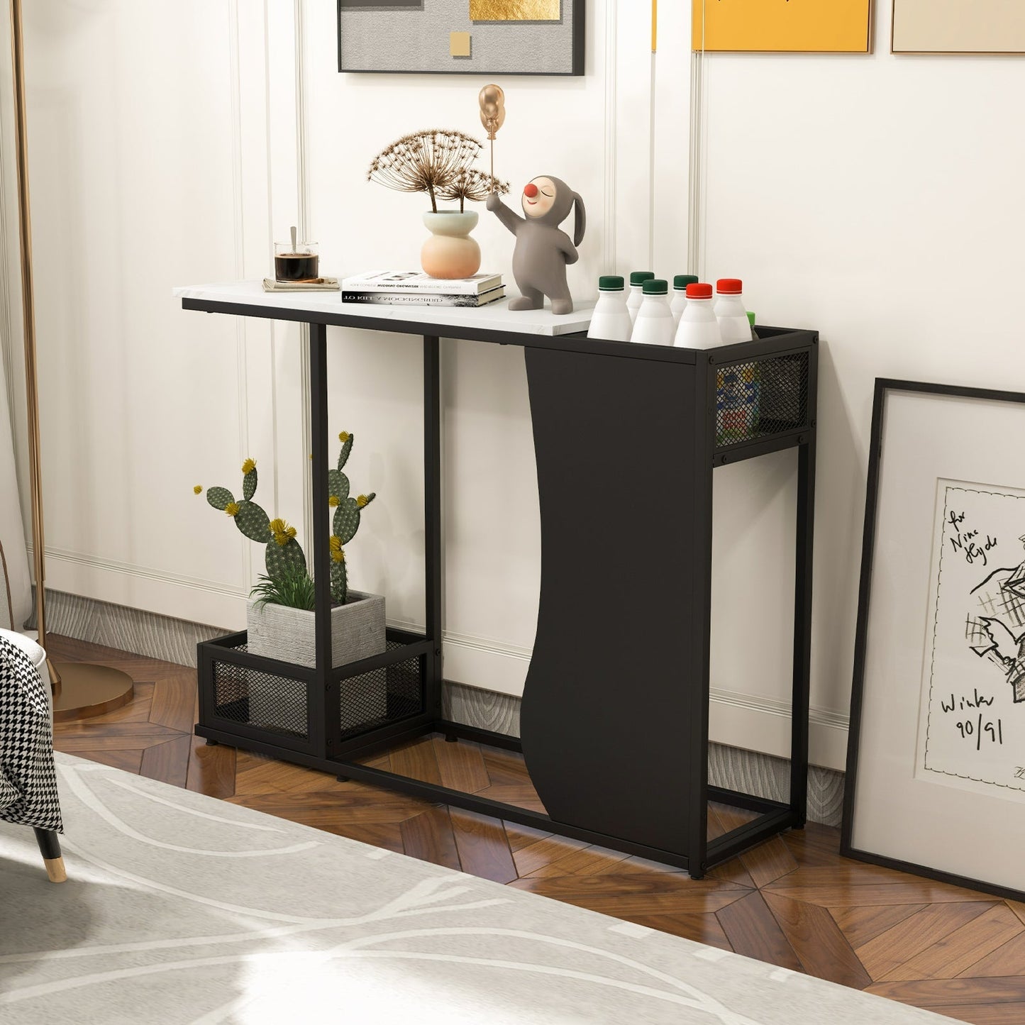 Modern Sofa Accent Console Table with 2 Storage Mesh Cubes-Black &amp; White