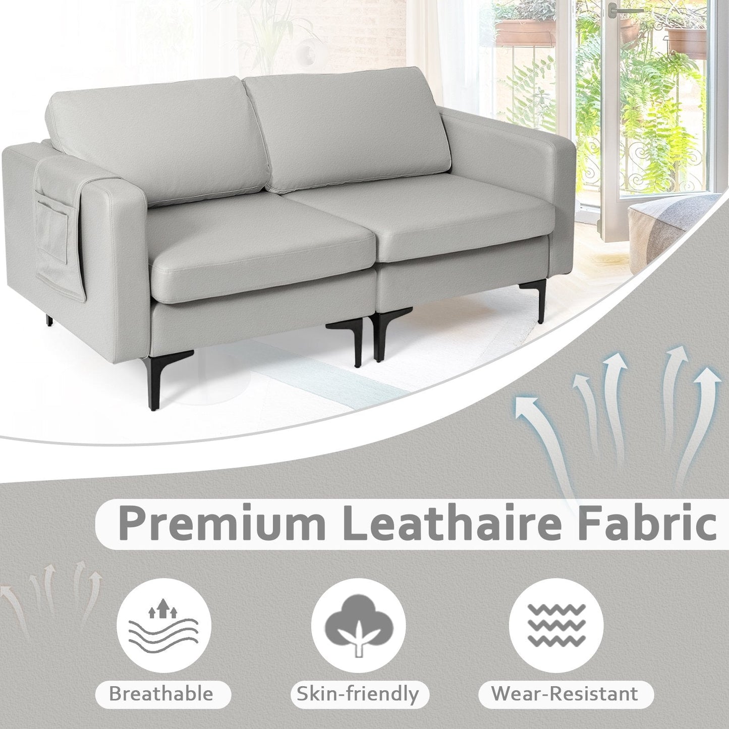 Modern 2-Seat Modern Sofa Couch with Detachable Remote Control Holder-Light Grey