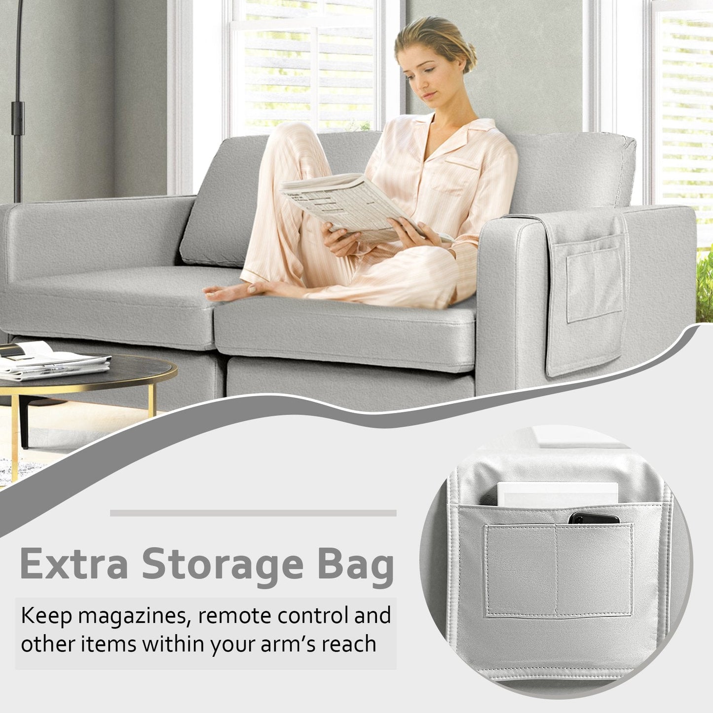 Modern 2-Seat Modern Sofa Couch with Detachable Remote Control Holder-Light Grey