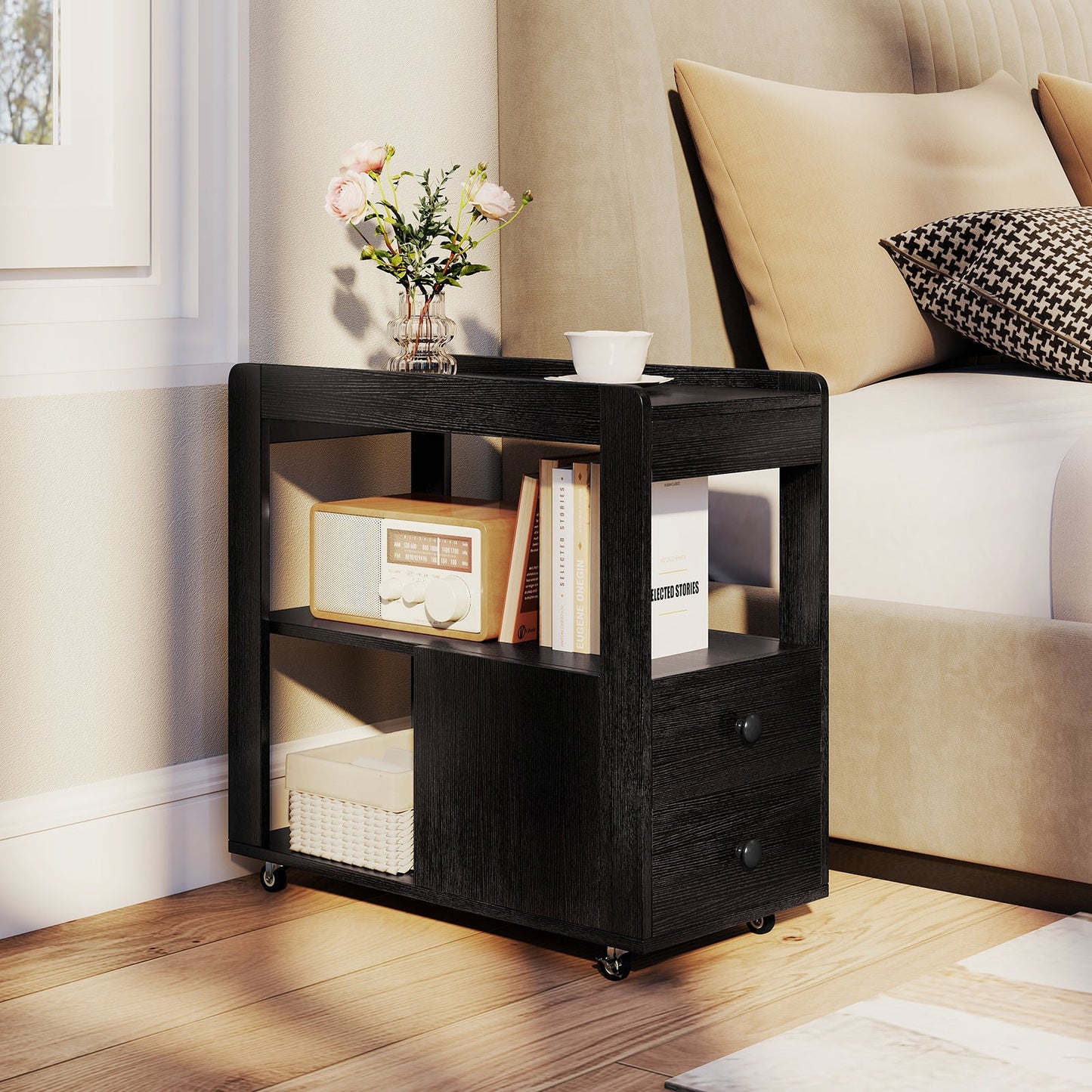 Modern 2-Drawer Sofa Side Table with Open Shelves-Black