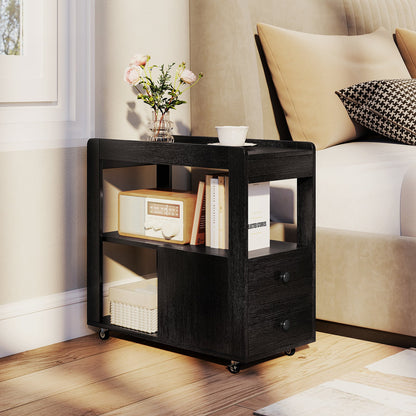 Modern 2-Drawer Sofa Side Table with Open Shelves-Black