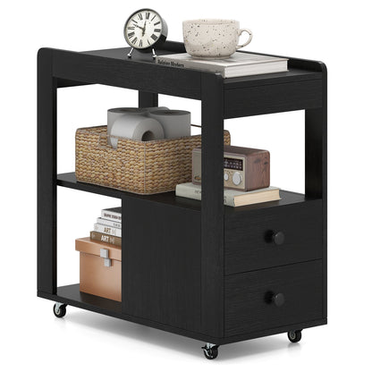 Modern 2-Drawer Sofa Side Table with Open Shelves-Black