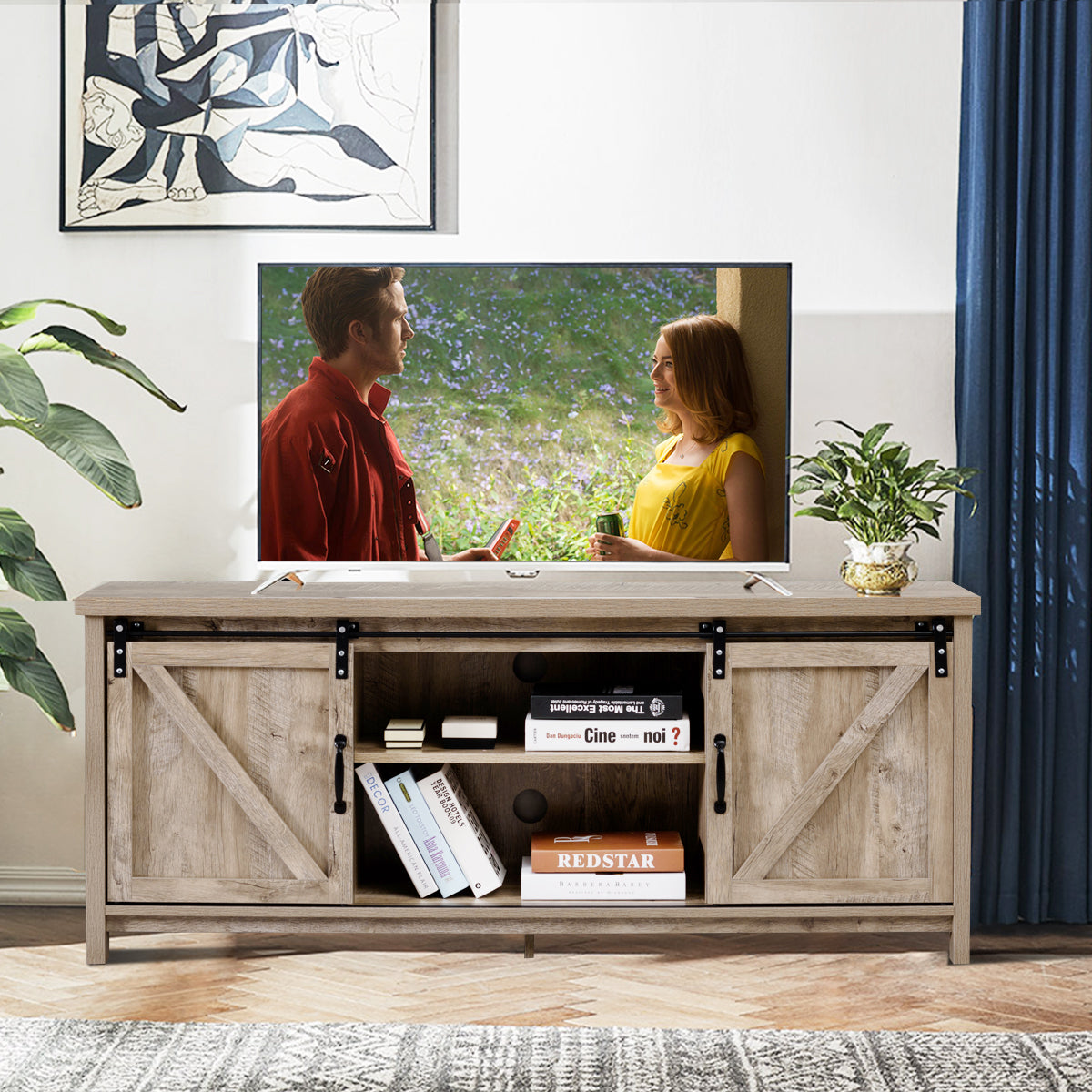 Modern TV Cabinet for 60-Inch TV Wooden Media Storage Shelves-Grey