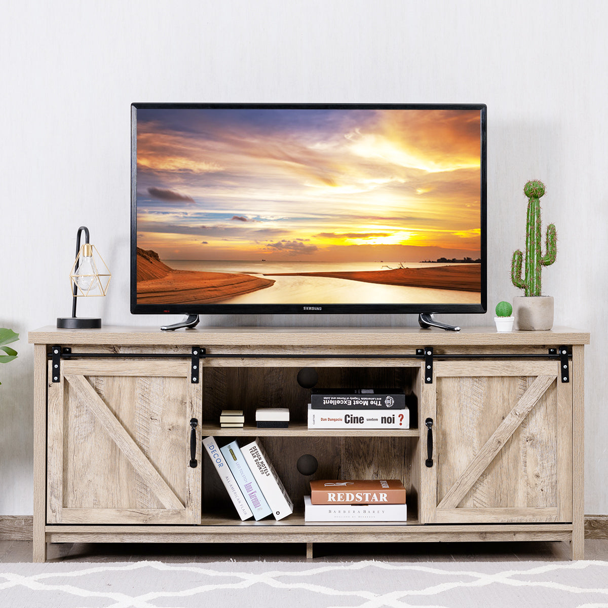 Modern TV Cabinet for 60-Inch TV Wooden Media Storage Shelves-Grey