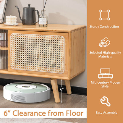 Modern TV Stand with Rattan Glass Sliding Doors-Natural
