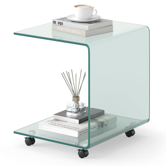 Modern Tempered Glass Side Table with 2-tier Shelf-Transparent