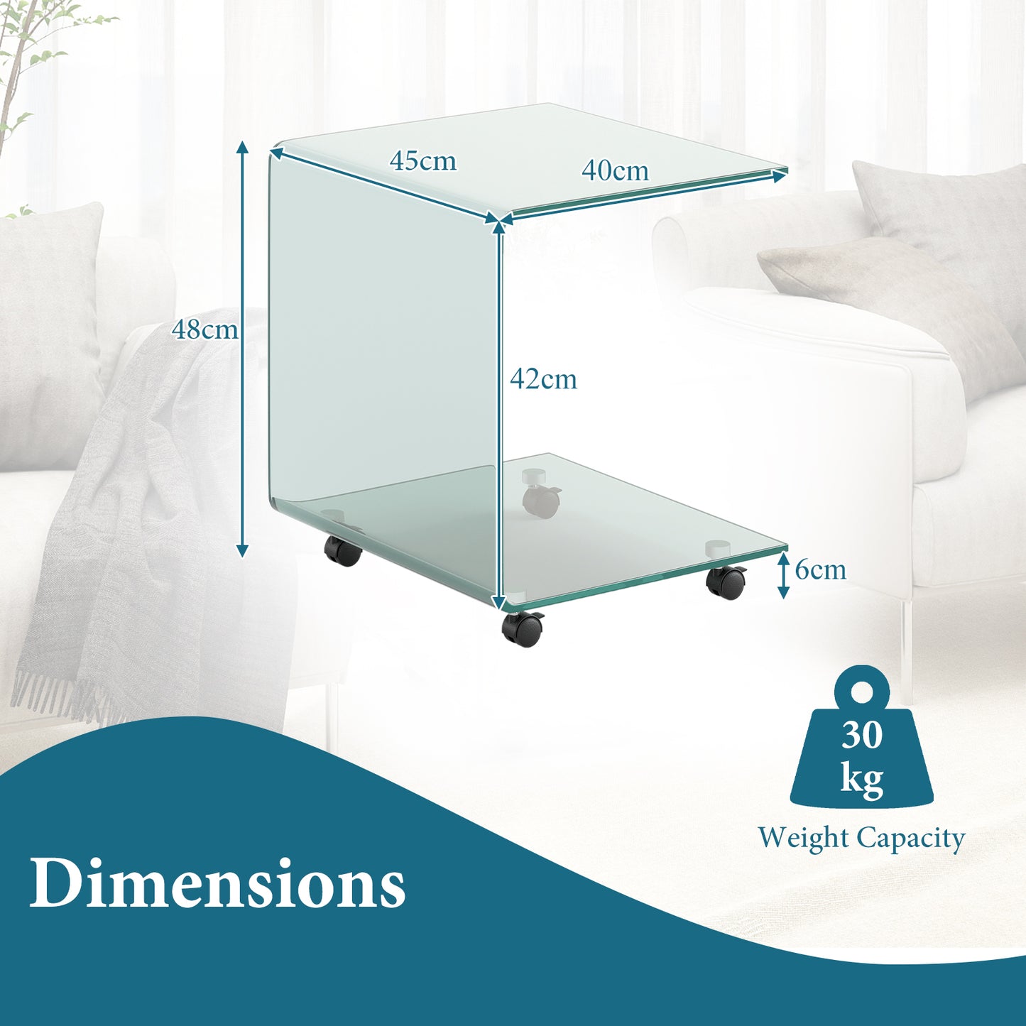 Modern Tempered Glass Side Table with 2-tier Shelf-Transparent
