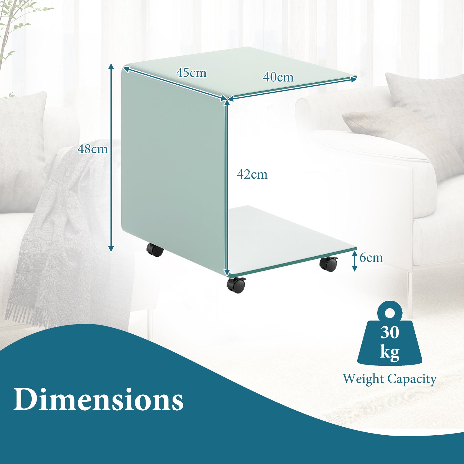 Modern Tempered Glass Side Table with 2-tier Shelf-White
