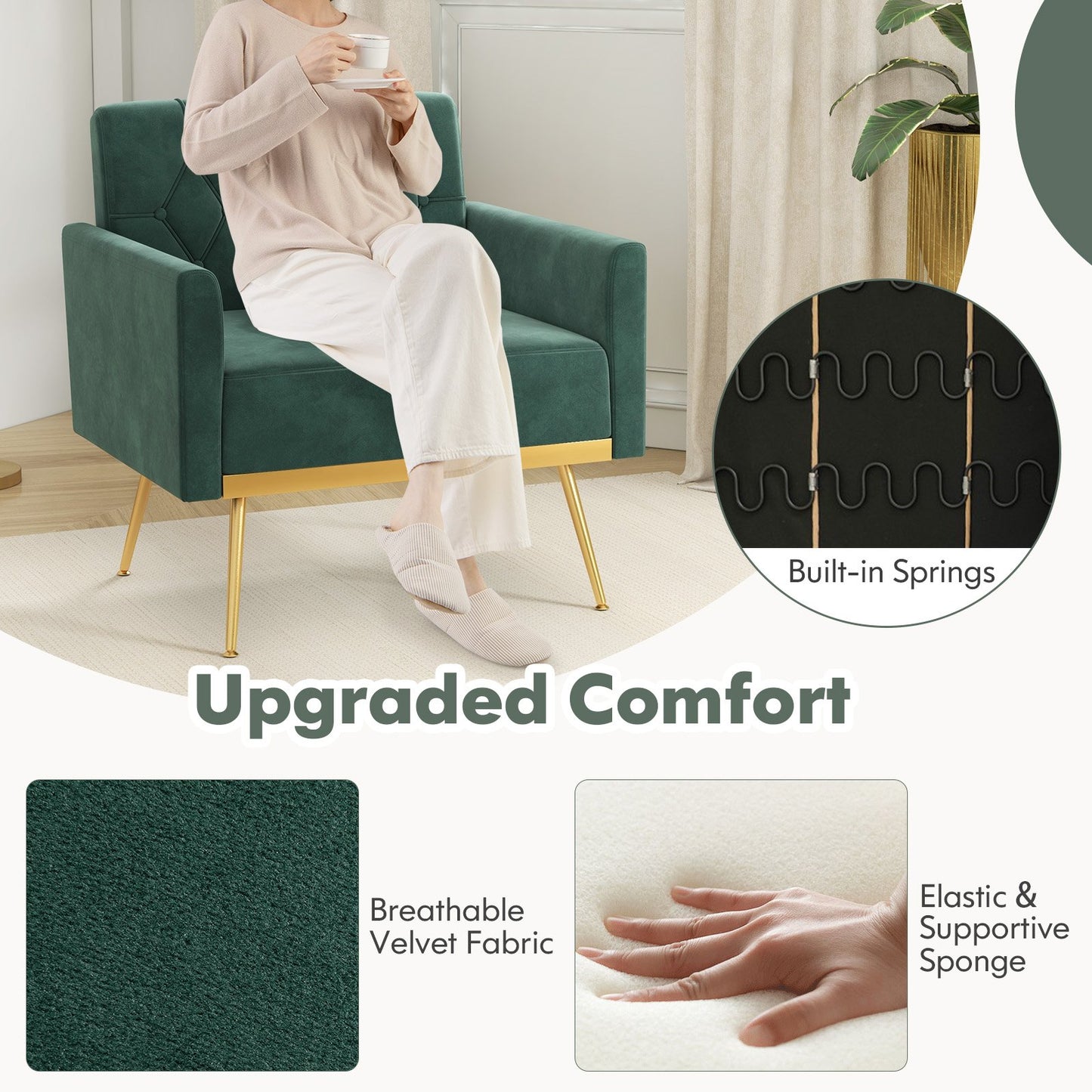 Modern Velvet Accent Chair with Button Tufted Back and Golden Metal Legs-Dark Green