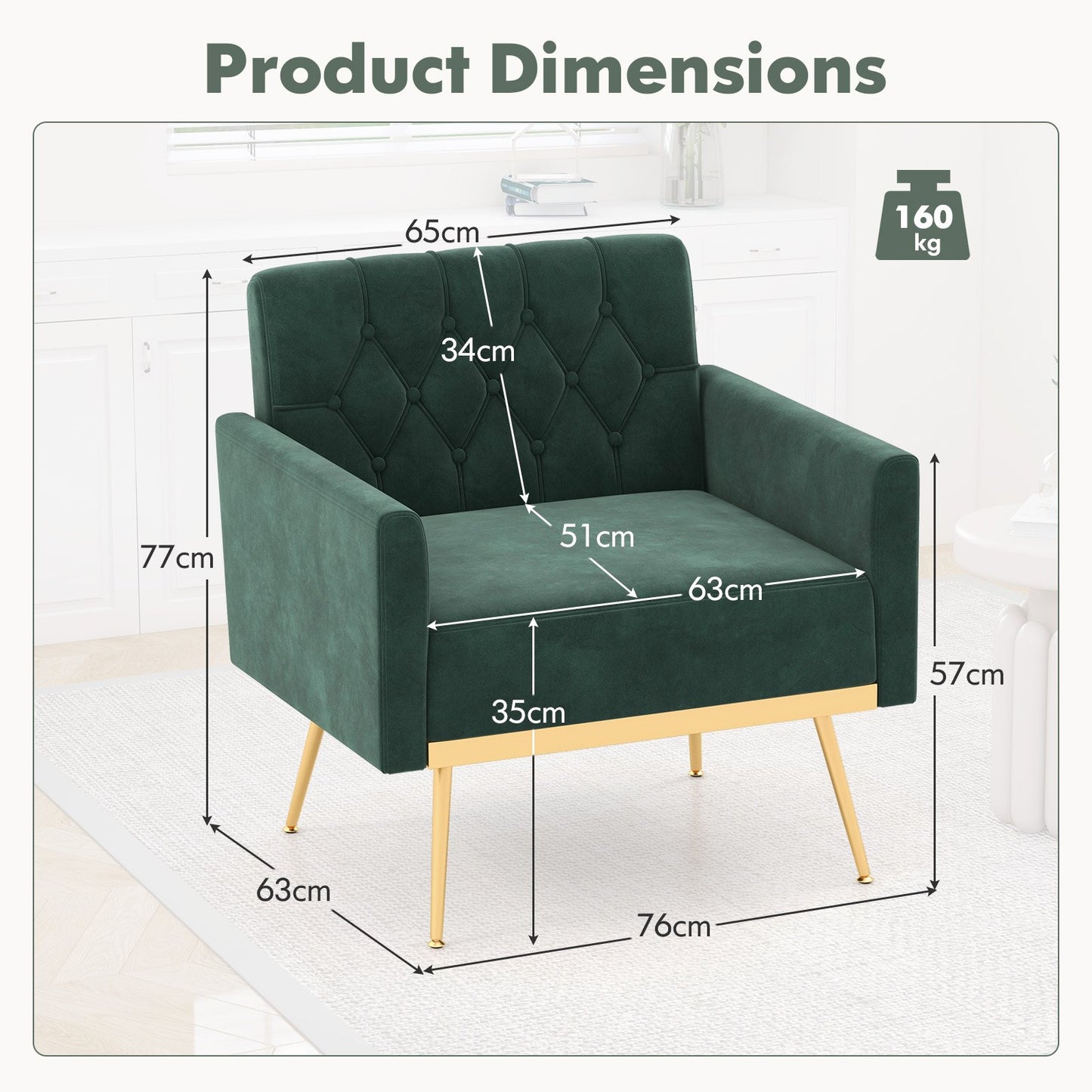 Modern Velvet Accent Chair with Button Tufted Back and Golden Metal Legs-Dark Green