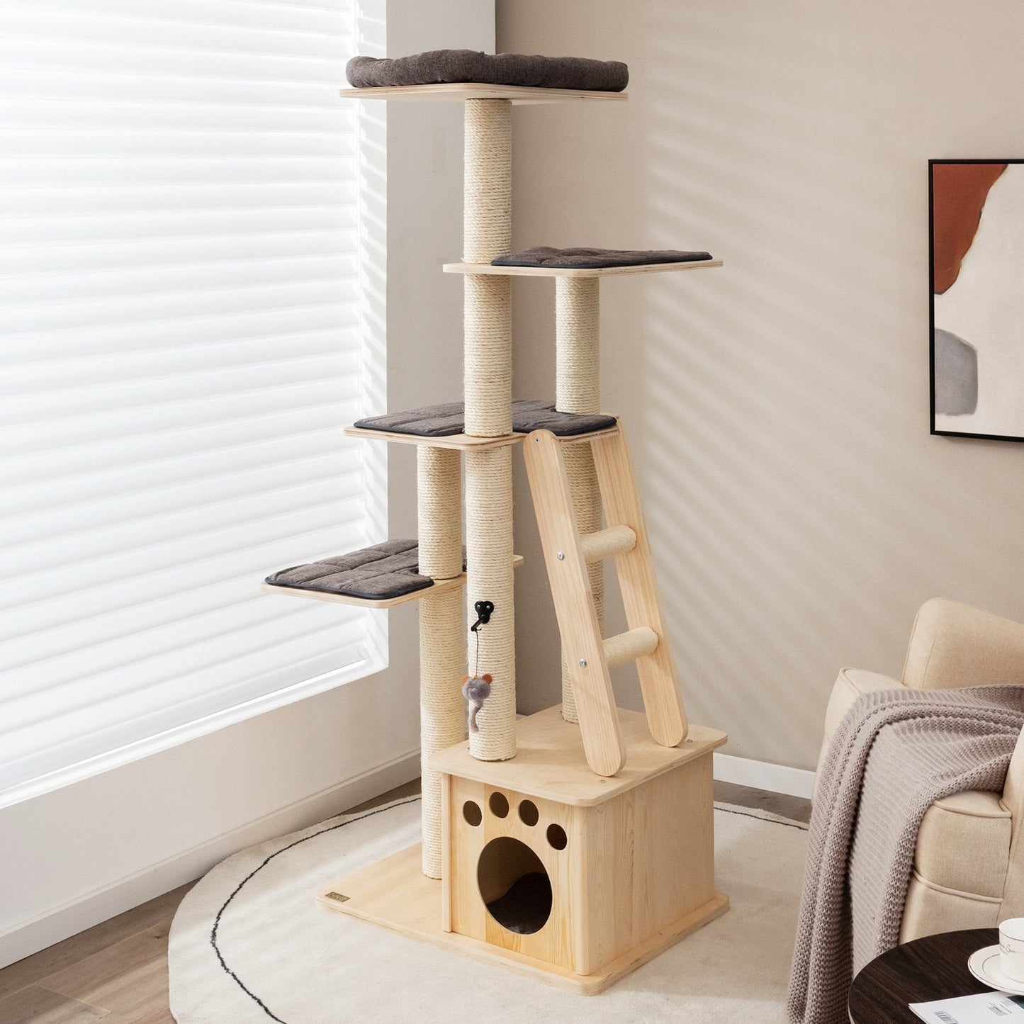 Modern Wooden Cat Tree Tower with Cat House