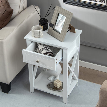 Modern X-Design Nightstand with Drawer and Bottom Storage Shelf-White