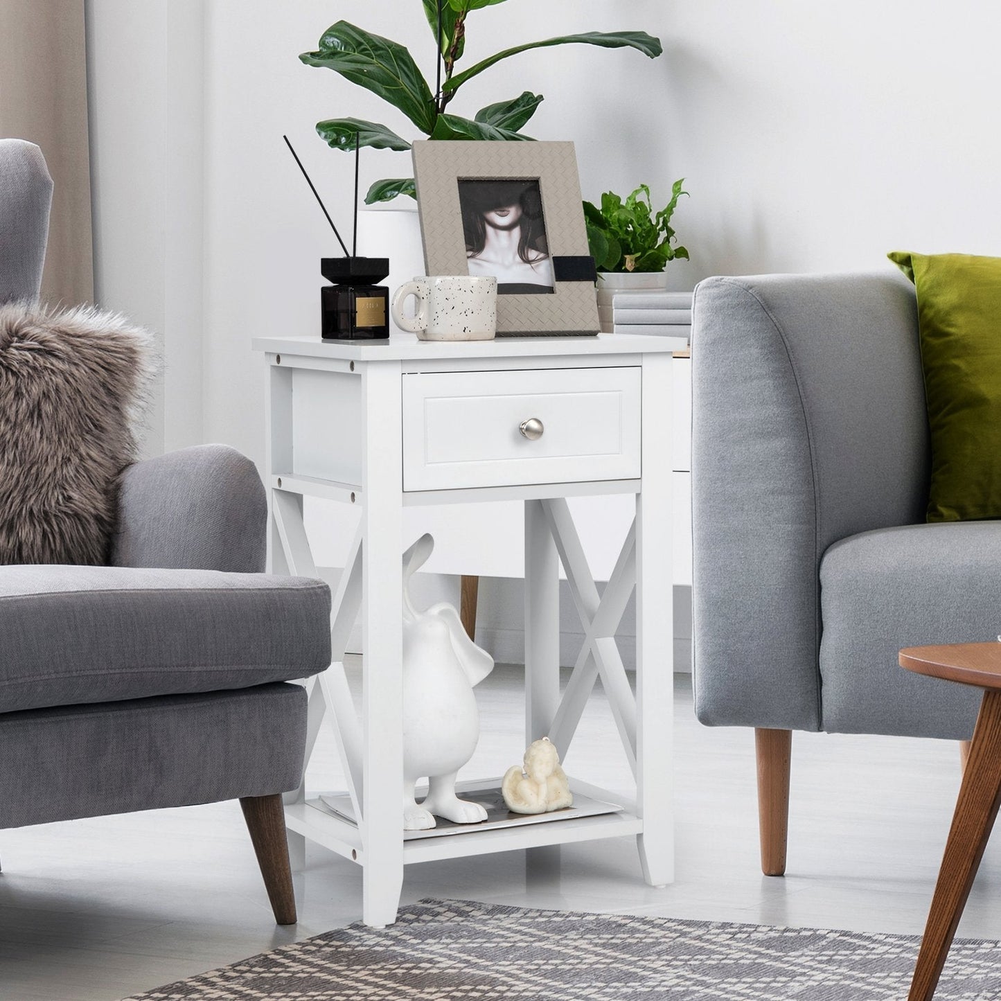 Modern X-Design Nightstand with Drawer and Bottom Storage Shelf-White