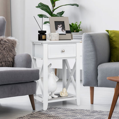 Modern X-Design Nightstand with Drawer and Bottom Storage Shelf-White