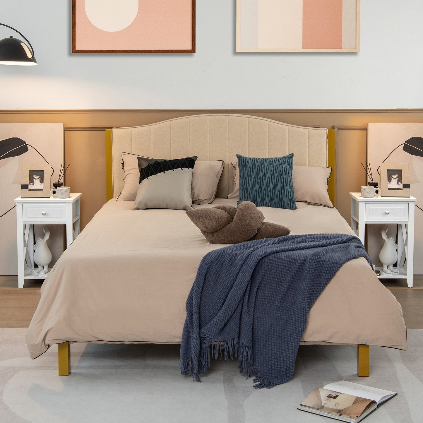 Modern X-Design Nightstand with Drawer and Bottom Storage Shelf-White