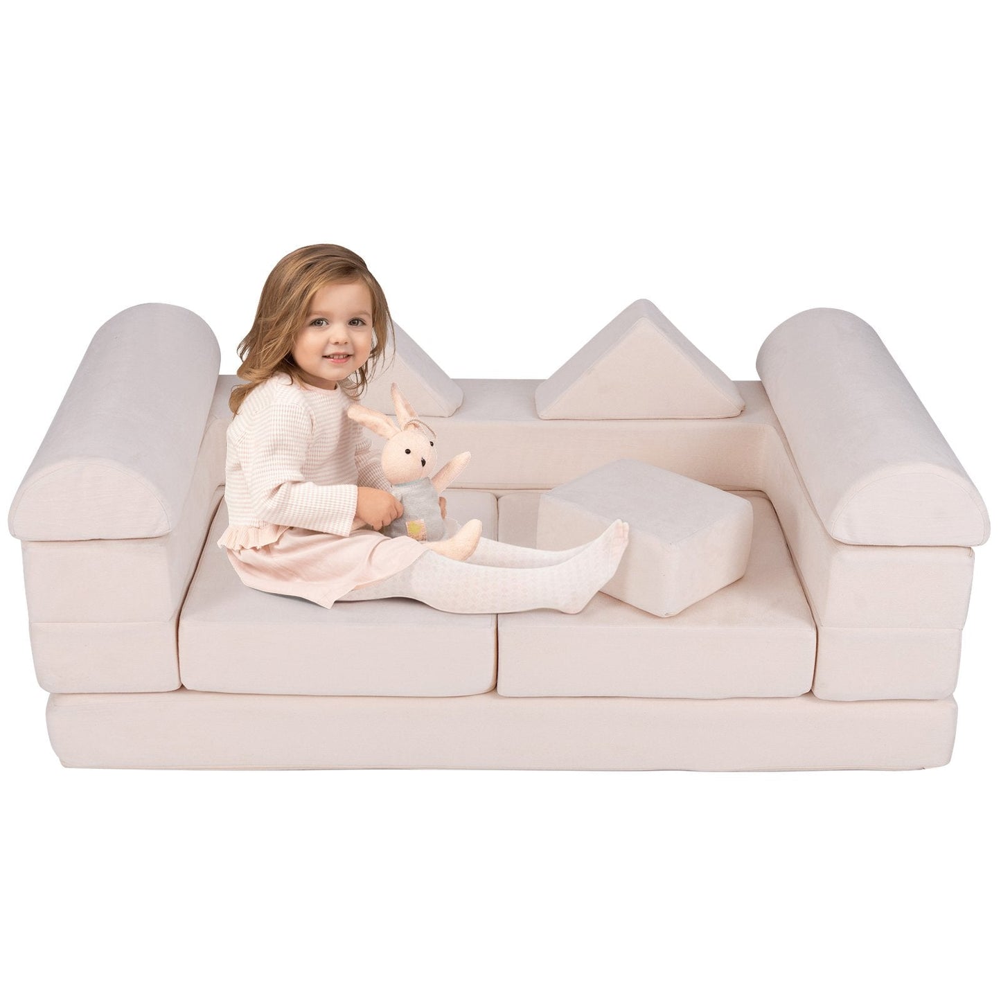 9-Piece Modular Kids Play Couch with Breathable Suede Fabric for Kids-Beige