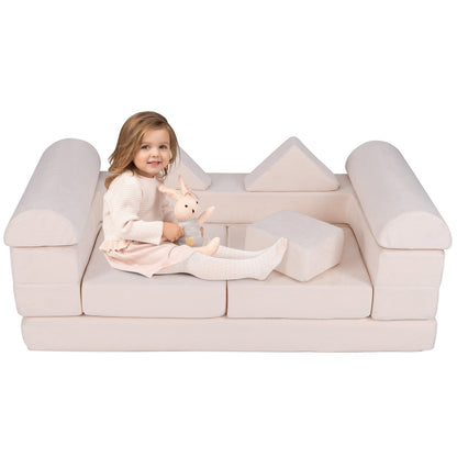 9-Piece Modular Kids Play Couch with Breathable Suede Fabric for Kids-Beige