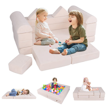 9-Piece Modular Kids Play Couch with Breathable Suede Fabric for Kids-Beige