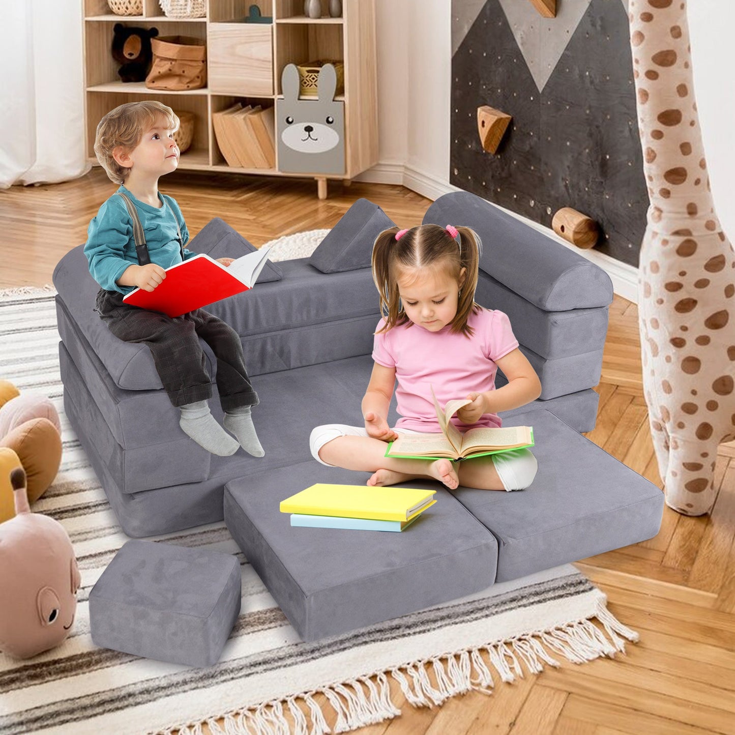 9-Piece Modular Kids Play Couch with Breathable Suede Fabric for Kids-Grey