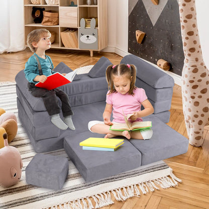9-Piece Modular Kids Play Couch with Breathable Suede Fabric for Kids-Grey