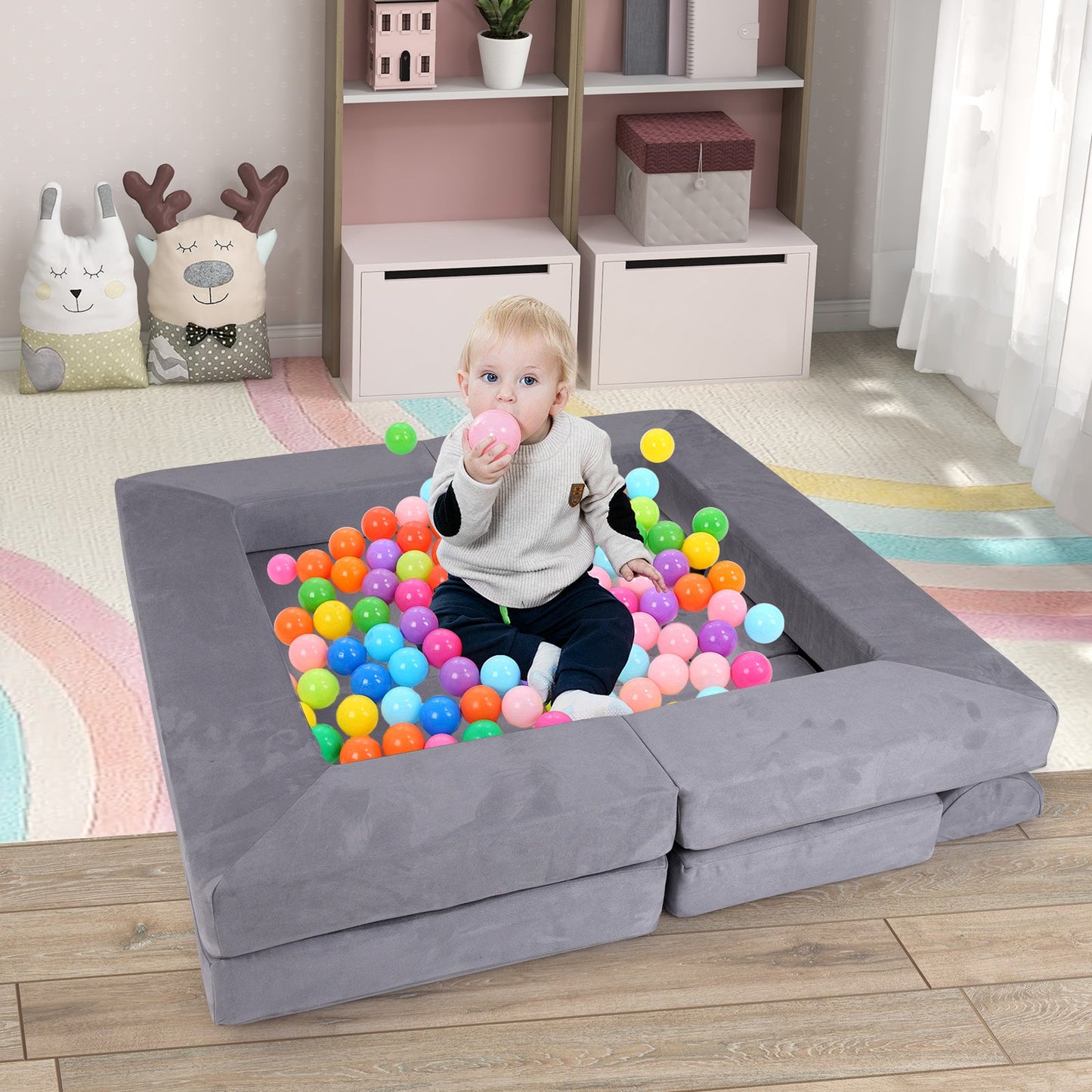 9-Piece Modular Kids Play Couch with Breathable Suede Fabric for Kids-Grey