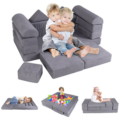9-Piece Modular Kids Play Couch with Breathable Suede Fabric for Kids-Grey