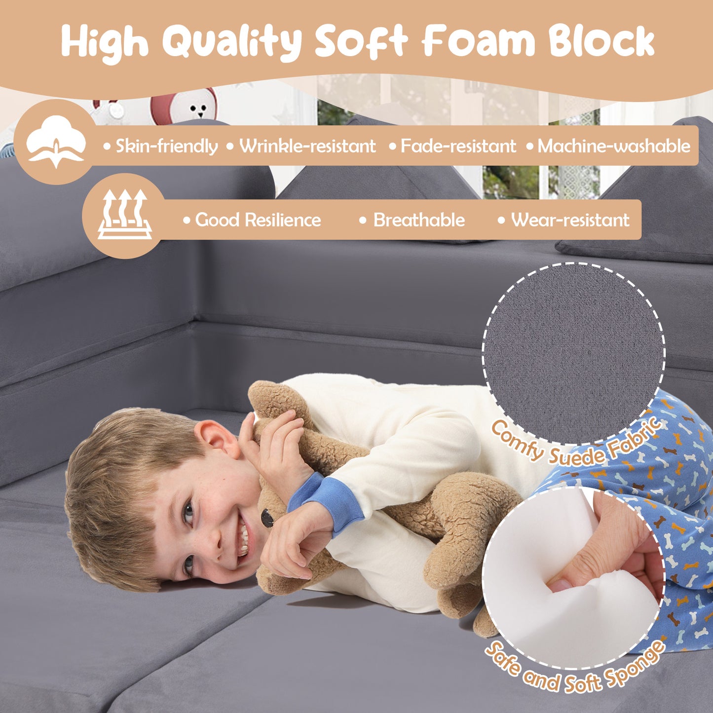 9-Piece Modular Kids Play Couch with Breathable Suede Fabric for Kids-Grey