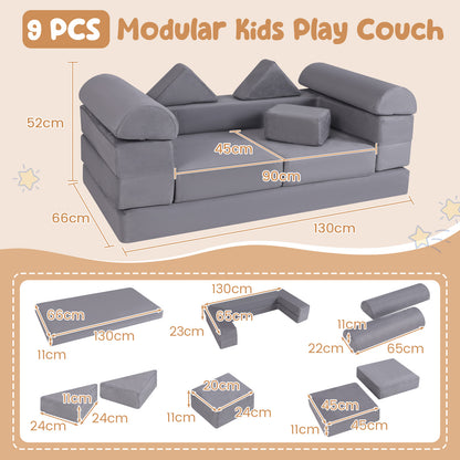 9-Piece Modular Kids Play Couch with Breathable Suede Fabric for Kids-Grey