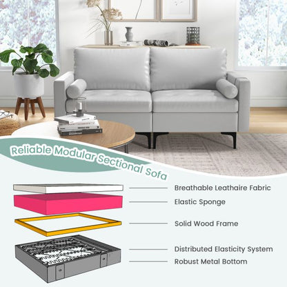 Modular Sectional Sofa Couch with 4 USB Ports, 2 Removable Bolsters-Light Grey