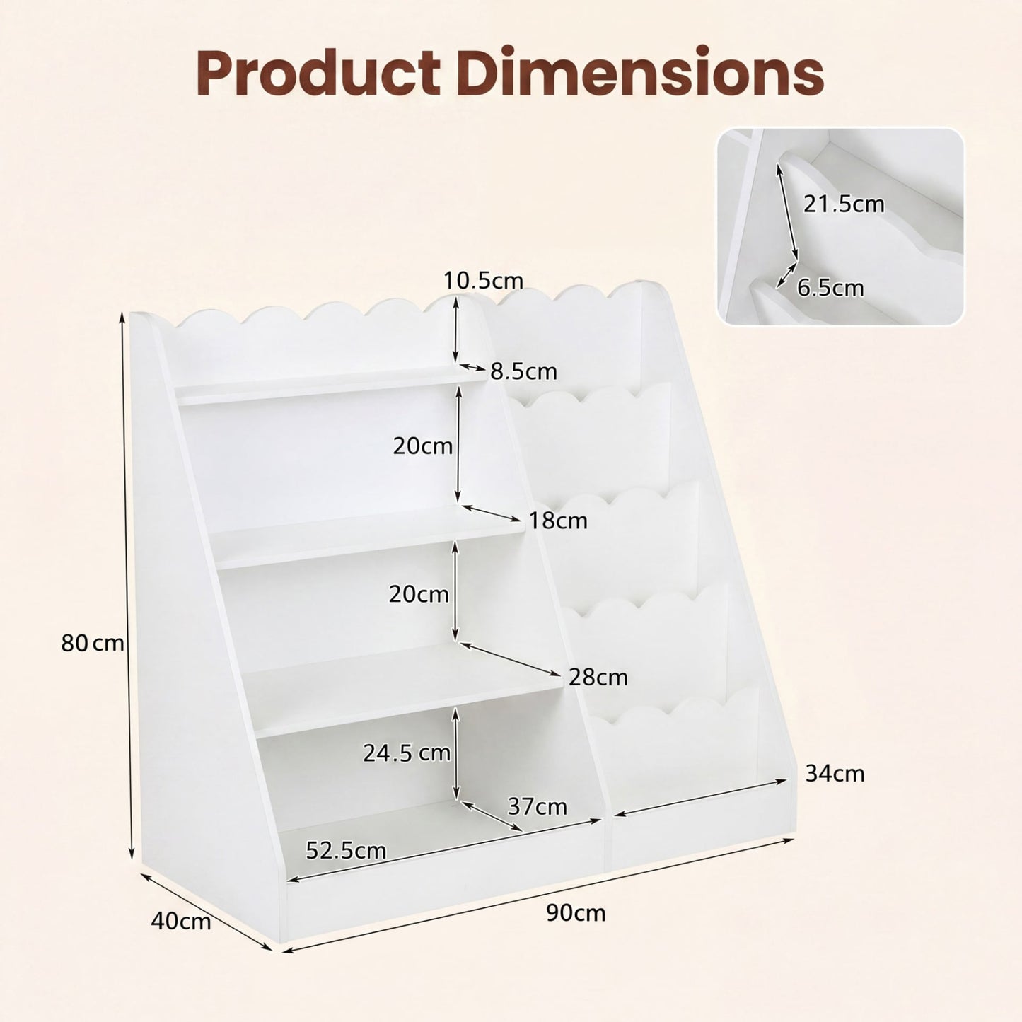 Montessori Kids Bookshelf with 5-Tier Scalloped Shelves for Nursery and Kids Room-White