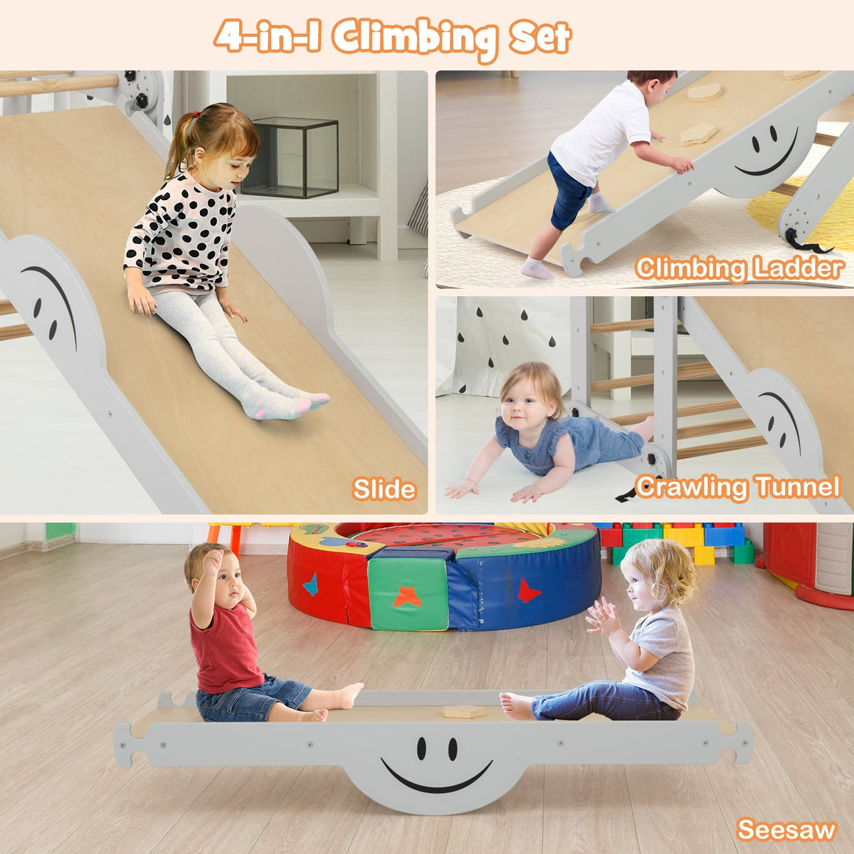 Montessori Climbing Set for Toddlers Foldable with Fun Seesaw-Grey
